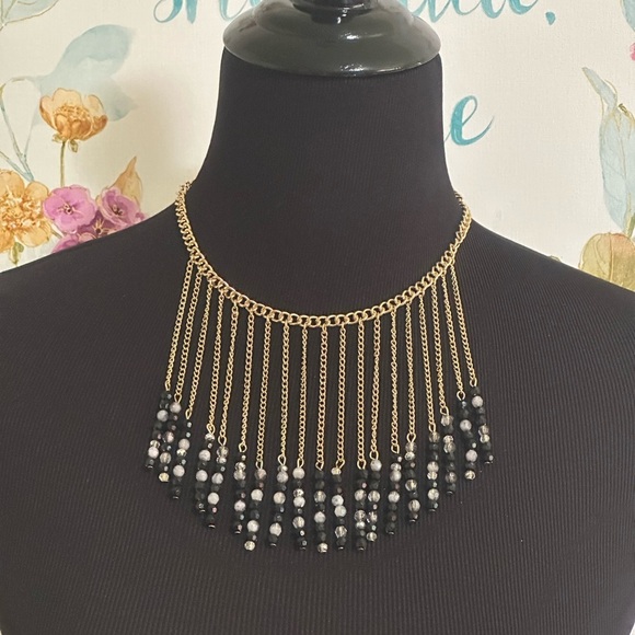 Gold tone beaded, necklace with black,gray, and clear beads. - Picture 2 of 5